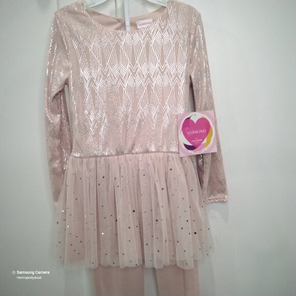Youngland Girls Pink & Silver Metallic Tutu Tull Sequin Dress & Pants Set NWT 6 - Picture 2 of 7